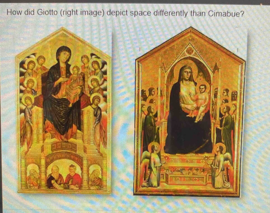 how did giotto (right image) depict space differently than cimabue?