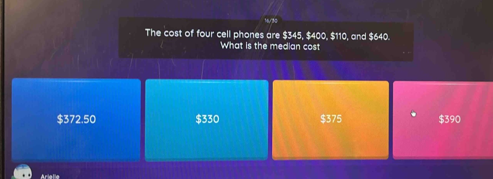 the cost of four cell phones are $345, $400, $110, and $640. what is the median cost