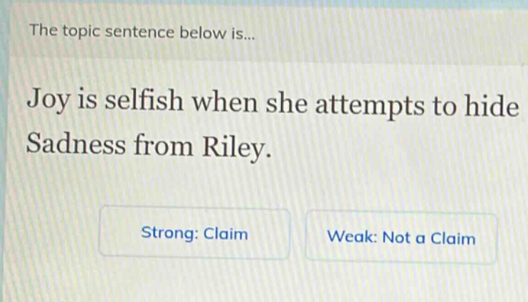 the topic sentence below is... joy is selfish when she attempts to hide sadness from riley. strong: claim weak: not a claim
