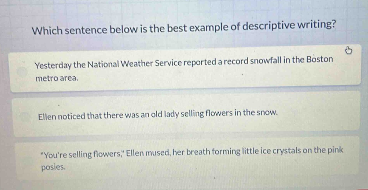 which sentence below is the best example of descriptive writing?\nyesterday the national weather service reported a record snowfall in the boston metro area.\nellen noticed that there was an old lady selling flowers in the snow.\n\youre selling flowers,\ ellen mused, her breath forming little ice crystals on the pink posies.