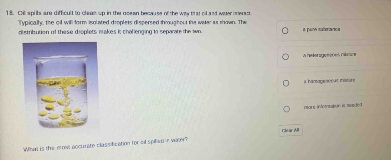 18. oil spills are difficult to clean up in the ocean because of the way that oil and water interact. typically, the oil will form isolated droplets dispersed throughout the water as shown. the distribution of these droplets makes it challenging to separate the two. what is the most accurate classification for oil spilled in water? a pure substance a heterogeneous mixture a homogeneous mixture more information is needed clear all