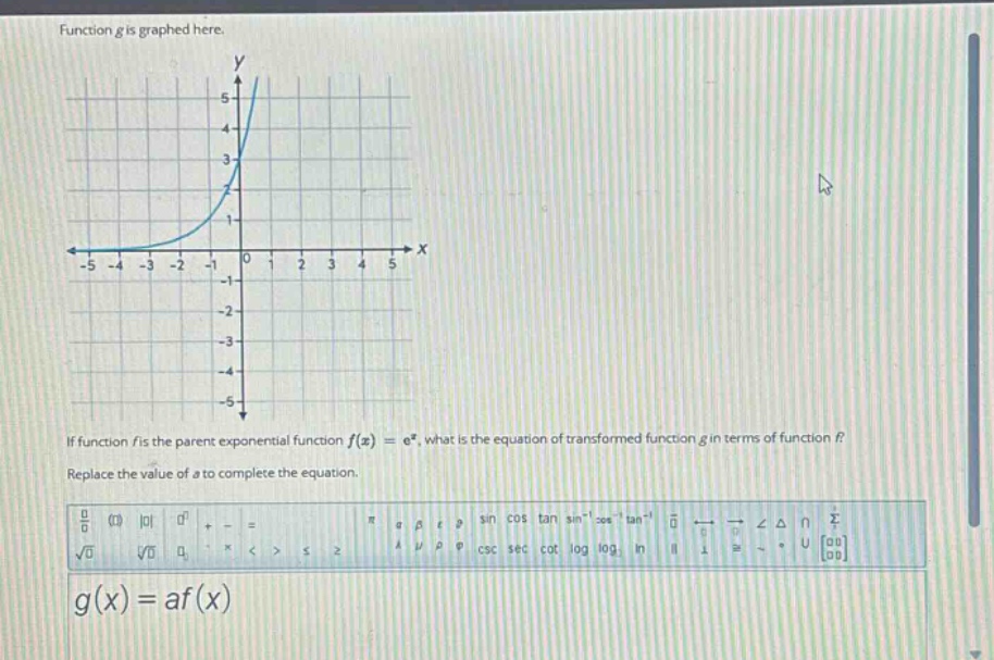 function g is graphed here. if function f is the parent exponential function f(x)=e^x, what is the equation of transformed function g in terms of function f? replace the value of a to complete the equation. g(x)=af(x)