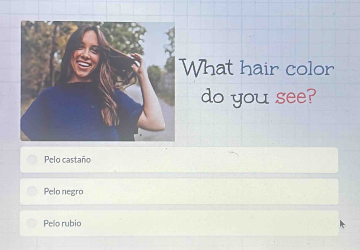 what hair color do you see?\npelo castaño\npelo negro\npelo rubio