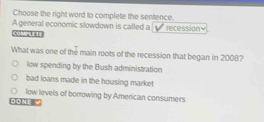 choose the right word to complete the sentence. a general economic slowdown is called a recession. what was one of the main roots of the recession that began in 2008? low spending by the bush administration bad loans made in the housing market low levels of borrowing by american consumers