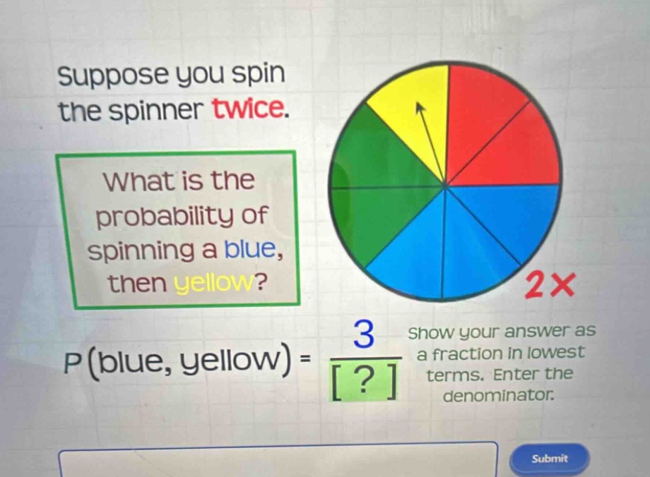 suppose you spin the spinner twice. what is the probability of spinning a blue, then yellow? p(blue, yellow) = 3/? show your answer as a fraction in lowest terms. enter the denominator.
