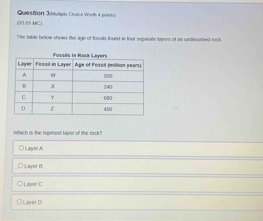 question 3(multiple choice worth 4 points)\n(03.01 mc)\nthe table below shows the age of fossils found in four separate layers of an undisturbed rock:\nfossils in rock layers\nlayer fossil in layer age of fossil (million years)\na w 550\nb x 240\nc y 680\nd z 450\nwhich is the topmost layer of the rock?\n○layer a\n○layer b\n○layer c\n○layer d