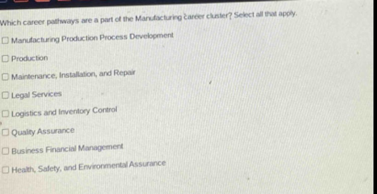which career pathways are a part of the manufacturing career cluster? select all that apply.\n□ manufacturing production process development\n□ production\n□ maintenance, installation, and repair\n□ legal services\n□ logistics and inventory control\n□ quality assurance\n□ business financial management\n□ health, safety, and environmental assurance