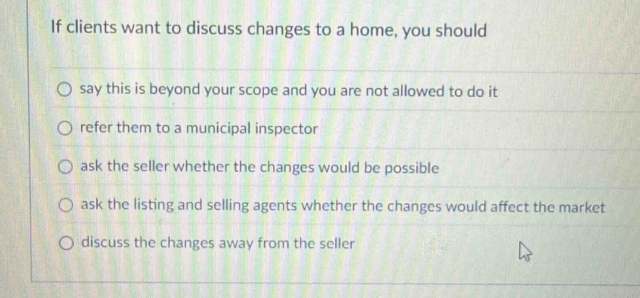 if clients want to discuss changes to a home, you should\nsay this is beyond your scope and you are not allowed to do it\nrefer them to a municipal inspector\nask the seller whether the changes would be possible\nask the listing and selling agents whether the changes would affect the market\ndiscuss the changes away from the seller