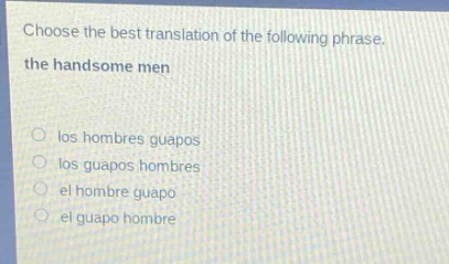 choose the best translation of the following phrase. the handsome men\nlos hombres guapos\nlos guapos hombres\nel hombre guapo\nel guapo hombre