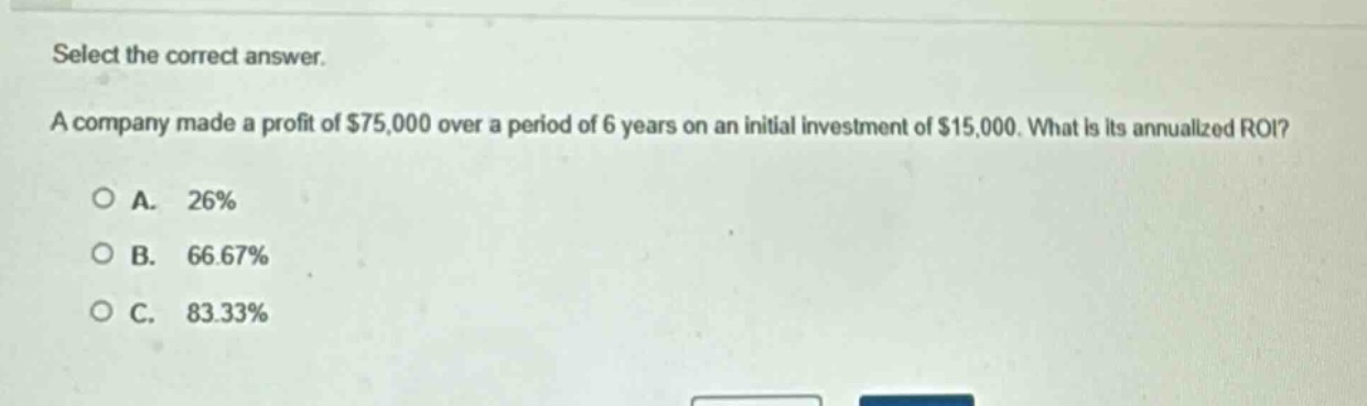 select the correct answer.\na company made a profit of $75,000 over a period of 6 years on an initial investment of $15,000. what is its annualized roi?\n\na. 26%\nb. 66.67%\nc. 83.33%