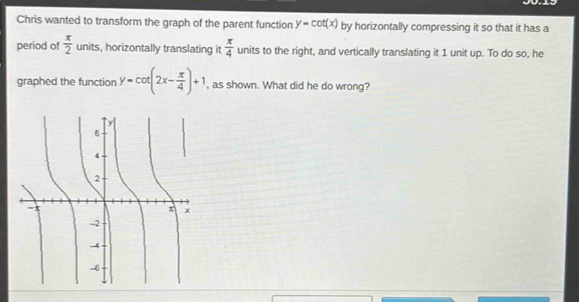 chris wanted to transform the graph of the parent function (y = cot(x)) by horizontally compressing it so that it has a period of (\frac{pi}{2}) units, horizontally translating it (\frac{pi}{4}) units to the right, and vertically translating it 1 unit up. to do so, he graphed the function (y=cotleft(2x - \frac{pi}{4}\right)+1), as shown. what did he do wrong?