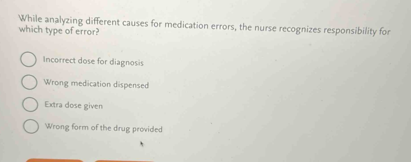 while analyzing different causes for medication errors, the nurse recognizes responsibility for which type of error?\nincorrect dose for diagnosis\nwrong medication dispensed\nextra dose given\nwrong form of the drug provided