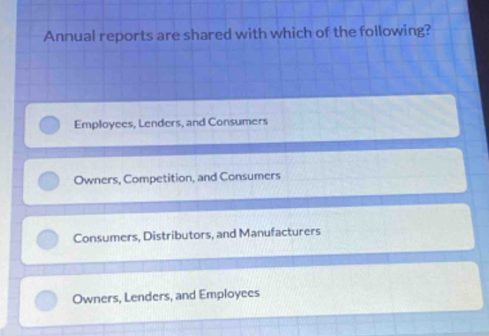 annual reports are shared with which of the following?\nemployees, lenders, and consumers\nowners, competition, and consumers\nconsumers, distributors, and manufacturers\nowners, lenders, and employees