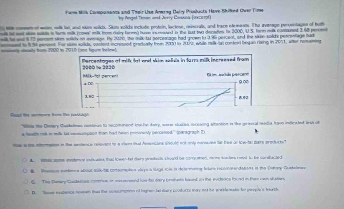 farm milk components and their use among dairy products have shifted over time by angel teran and jerry cessna (excerpt)\nmilk consists of water, milk fat, and skim solids. skim solids include protein, lactose, minerals, and trace elements. the average percentages of both milk - fat and skim solids in farm milk (cows milk from dairy farms) have increased in the last two decades. in 2000, u.s. farm milk contained 3.68 percent milk - fat and 8.72 percent skim solids on average. by 2020, the milk - fat percentage had grown to 3.95 percent, and the skim - solids percentage had increased to 8.94 percent. for skim solids, content increased gradually from 2000 to 2020, while milk - fat content began rising in 2011, after remaining steady from 2000 to 2010 (see figure below).\npercentages of milk fat and skim solids in farm milk increased from 2000 to 2020\nmilk - fat percent\nskim - solids percent\n4.00\n9.00\n3.90\n8.90\nwhile the dietary guidelines continue to recommend low - fat dairy, some studies receiving attention in the general media have indicated less of a health risk in milk - fat consumption than had been previously perceived. (paragraph 2)\nhow is the information in the sentence relevant to a claim that americans should not only consume fat - free or low - fat dairy products?\na. while some evidence indicates that lower - fat dairy products should be consumed, more studies need to be conducted.\nb. previous evidence about milk - fat consumption plays a large role in determining future recommendations in the dietary guidelines.\nc. the dietary guidelines continue to recommend low - fat dairy products based on the evidence found in their own studies.\nd. some evidence reveals that the consumption of higher - fat dairy products may not be problematic for peoples health.