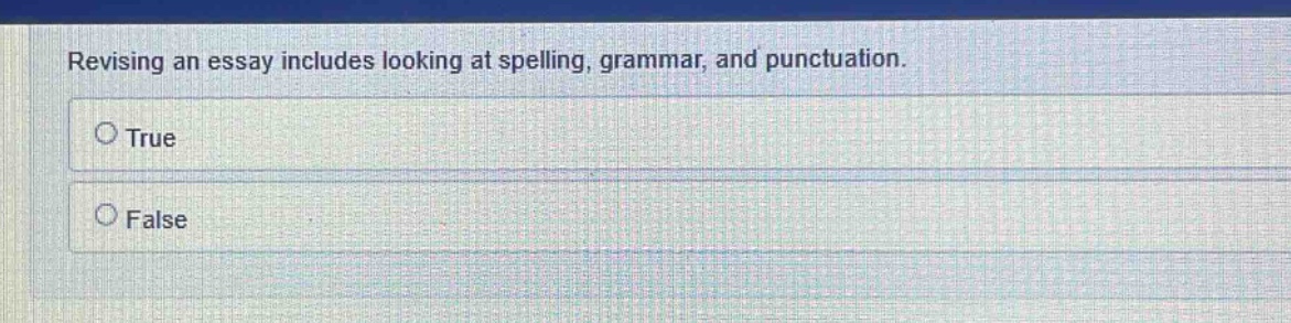revising an essay includes looking at spelling, grammar, and punctuation.\ntrue\nfalse