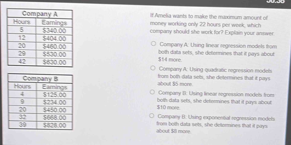 if amelia wants to make the maximum amount of money working only 22 hours per week, which company should she work for? explain your answer.\ncompany a: using linear regression models from both data sets, she determines that it pays about $14 more.\ncompany a: using quadratic regression models from both data sets, she determines that it pays about $5 more.\ncompany b: using linear regression models from both data sets, she determines that it pays about $10 more.\ncompany b: using exponential regression models from both data sets, she determines that it pays about $8 more.