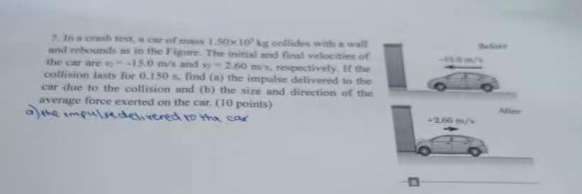 7. in a crash - test, a car of mass (1.50\times10^{3}\text{ kg}) collides with a wall and rebounds as in the figure. the initial and final velocities of the car are (v_{i}=-15.0\text{ m/s}) and (v_{f}=2.60\text{ m/s}), respectively. if the collision lasts for (0.150\text{ s}), find (a) the impulse delivered to the car due to the collision and (b) the size and direction of the average force exerted on the car. (10 points)\na) the impulse delivered to the car