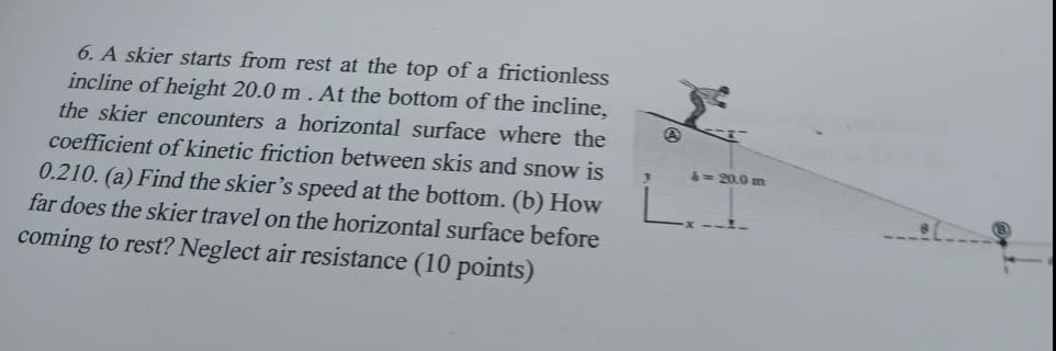 6. a skier starts from rest at the top of a frictionless incline of height 20.0 m. at the bottom of the incline, the skier encounters a horizontal surface where the coefficient of kinetic friction between skis and snow is 0.210. (a) find the skiers speed at the bottom. (b) how far does the skier travel on the horizontal surface before coming to rest? neglect air resistance (10 points)