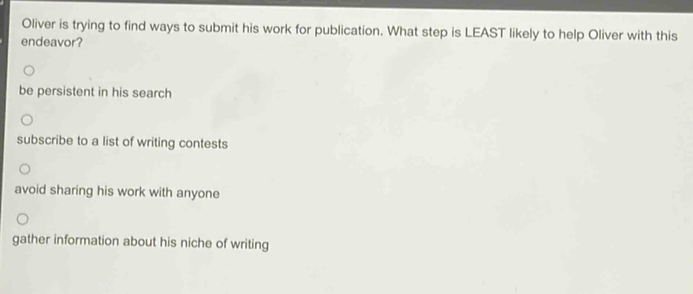 oliver is trying to find ways to submit his work for publication. what step is least likely to help oliver with this endeavor?\nbe persistent in his search\nsubscribe to a list of writing contests\navoid sharing his work with anyone\ngather information about his niche of writing