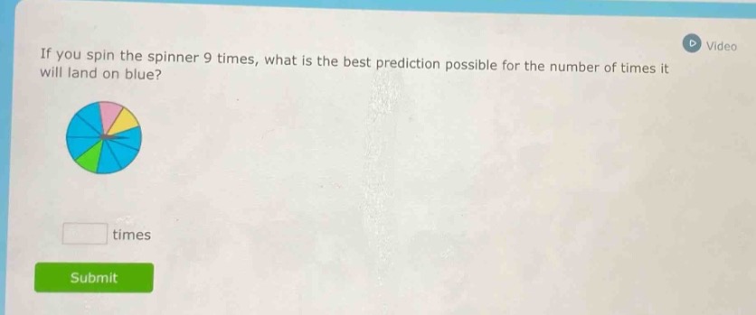 if you spin the spinner 9 times, what is the best prediction possible for the number of times it will land on blue? times