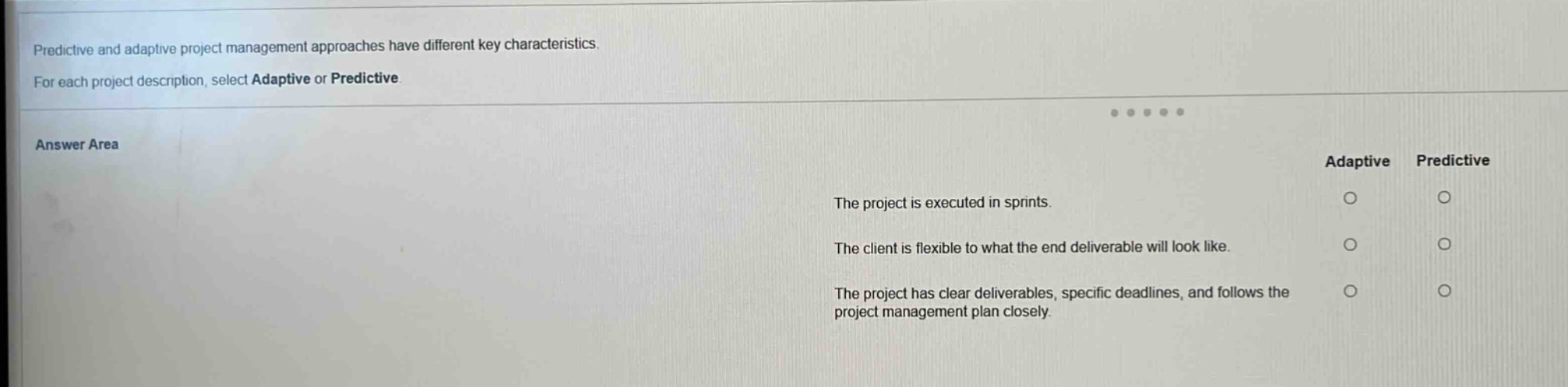 predictive and adaptive project management approaches have different key characteristics. for each project description, select adaptive or predictive. answer area adaptive predictive the project is executed in sprints. the client is flexible to what the end deliverable will look like. the project has clear deliverables, specific deadlines, and follows the project management plan closely.