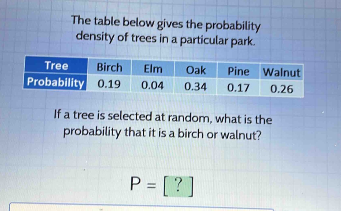 the table below gives the probability density of trees in a particular park.\n| tree | birch | elm | oak | pine | walnut |\n| probability | 0.19 | 0.04 | 0.34 | 0.17 | 0.26 |\nif a tree is selected at random, what is the probability that it is a birch or walnut?\np = ?