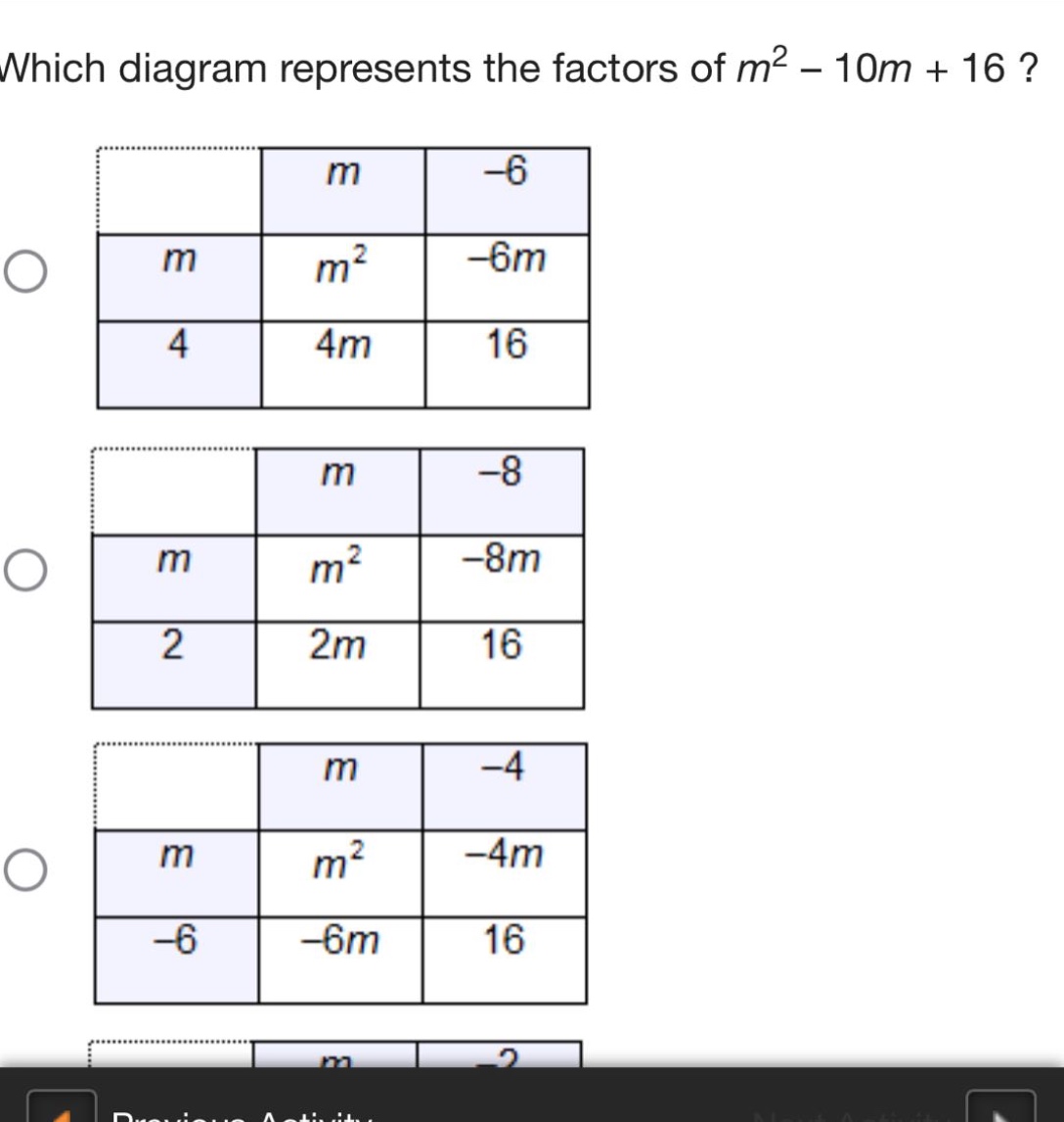 which diagram represents the factors of $m^{2}-10m + 16$?