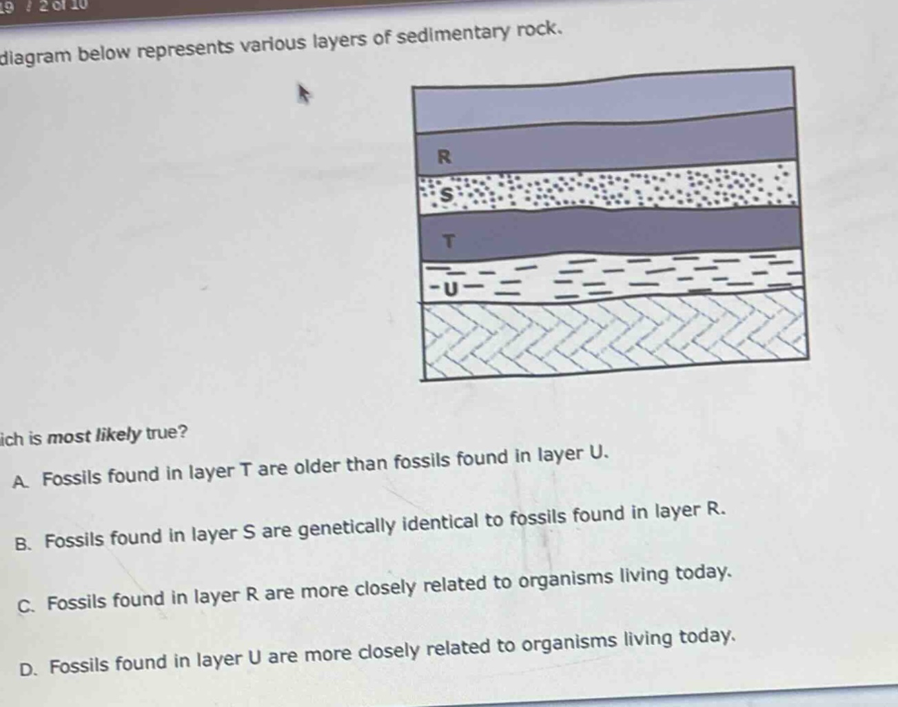 diagram below represents various layers of sedimentary rock. which is most likely true? a. fossils found in layer t are older than fossils found in layer u. b. fossils found in layer s are genetically identical to fossils found in layer r. c. fossils found in layer r are more closely related to organisms living today. d. fossils found in layer u are more closely related to organisms living today.