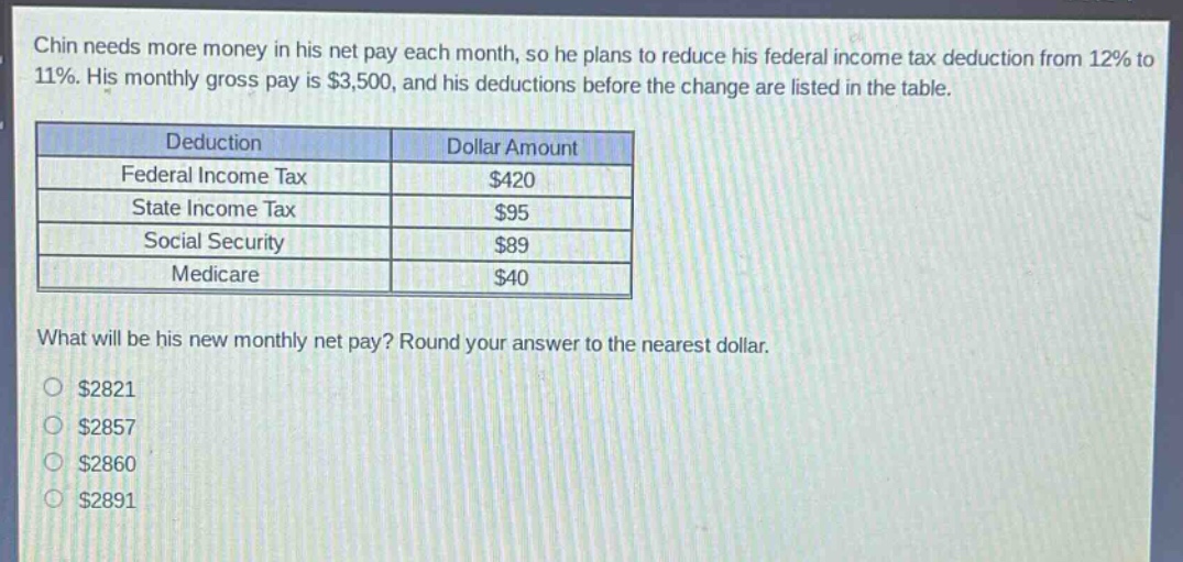 chin needs more money in his net pay each month, so he plans to reduce his federal income tax deduction from 12% to 11%. his monthly gross pay is $3,500, and his deductions before the change are listed in the table.\n| deduction | dollar amount |\n|--|--| \n| federal income tax | $420 |\n| state income tax | $95 |\n| social security | $89 |\n| medicare | $40 |\nwhat will be his new monthly net pay? round your answer to the nearest dollar.\n$2821\n$2857\n$2860\n$2891