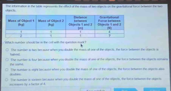 the information in the table represents the effect of the mass of two objects on the gravitational force between the two objects.\n|mass of object 1 (kg)|mass of object 2 (kg)|distance between objects 1 and 2 (m)|gravitational force between objects 1 and 2 (n)|\n|----|----|----|----|\n|1|1|1|4|\n|2|1|1|?|\nwhich number should be in the cell with the question mark?\nthe number is two because when you double the mass of one of the objects, the force between the objects is halved.\nthe number is four because when you double the mass of one of the objects, the force between the objects remains the same.\nthe number is eight because when you double the mass of one of the objects, the force between the objects also doubles.\nthe number is sixteen because when you double the mass of one of the objects, the force between the objects increases by a factor of 4.