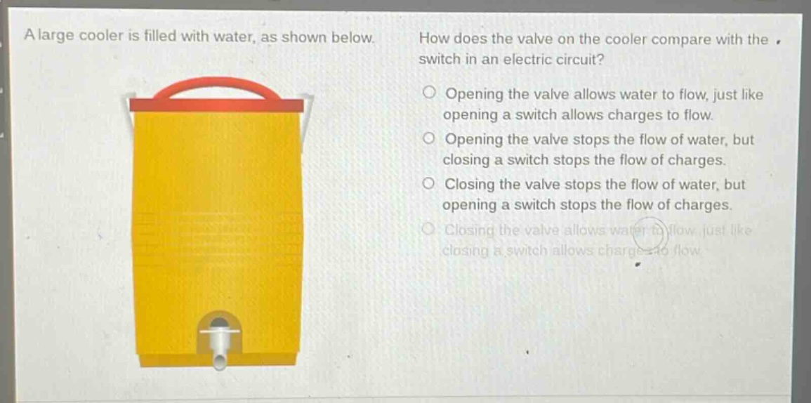 a large cooler is filled with water, as shown below. how does the valve on the cooler compare with the switch in an electric circuit? opening the valve allows water to flow, just like opening a switch allows charges to flow. opening the valve stops the flow of water, but closing a switch stops the flow of charges. closing the valve stops the flow of water, but opening a switch stops the flow of charges. closing the valve allows water to flow, just like closing a switch allows charges to flow