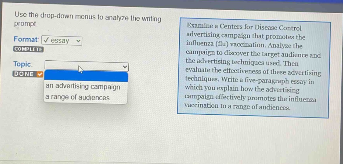 use the drop - down menus to analyze the writing prompt. format: essay complete topic: done an advertising campaign a range of audiences examine a centers for disease control advertising campaign that promotes the influenza (flu) vaccination. analyze the campaign to discover the target audience and the advertising techniques used. then evaluate the effectiveness of these advertising techniques. write a five - paragraph essay in which you explain how the advertising campaign effectively promotes the influenza vaccination to a range of audiences.