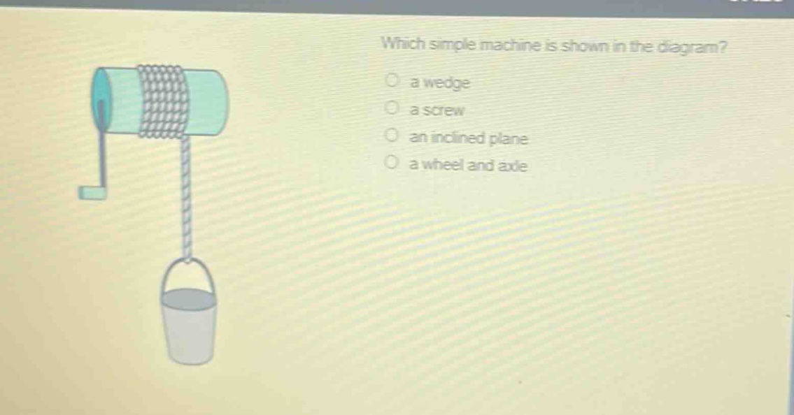 which simple machine is shown in the diagram?\n a wedge\n a screw\n an inclined plane\n a wheel and axle