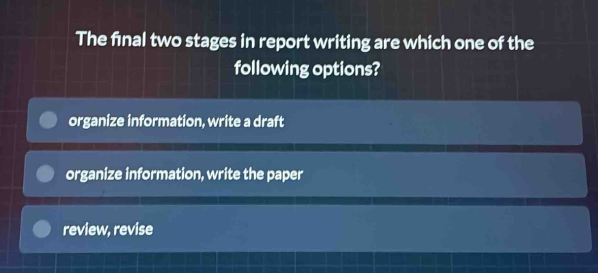 the final two stages in report writing are which one of the following options?\norganize information, write a draft\norganize information, write the paper\nreview, revise