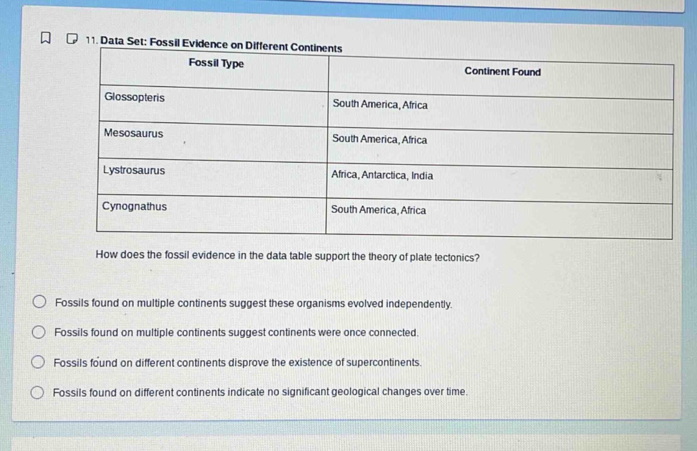 11. data set: fossil evidence on different continents\nfossil type|continent found\nglossopteris|south america, africa\nmesosaurus|south america, africa\nlystrosaurus|africa, antarctica, india\ncynognathus|south america, africa\nhow does the fossil evidence in the data table support the theory of plate tectonics?\nfossils found on multiple continents suggest these organisms evolved independently.\nfossils found on multiple continents suggest continents were once connected.\nfossils found on different continents disprove the existence of supercontinents.\nfossils found on different continents indicate no significant geological changes over time.