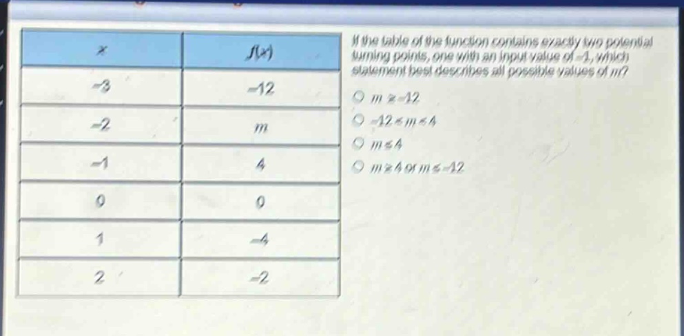 if the table of the function contains exactly two potential turning points, one with an input value of -1, which statement best describes all possible values of m?\n-3 -12\n-2 m\n-1 4\n0 0\n1 -4\n2 -2\nm ≥ -12\n-12 < m < 4\nm ≤ 4\nm ≥ 4 or m ≤ -12