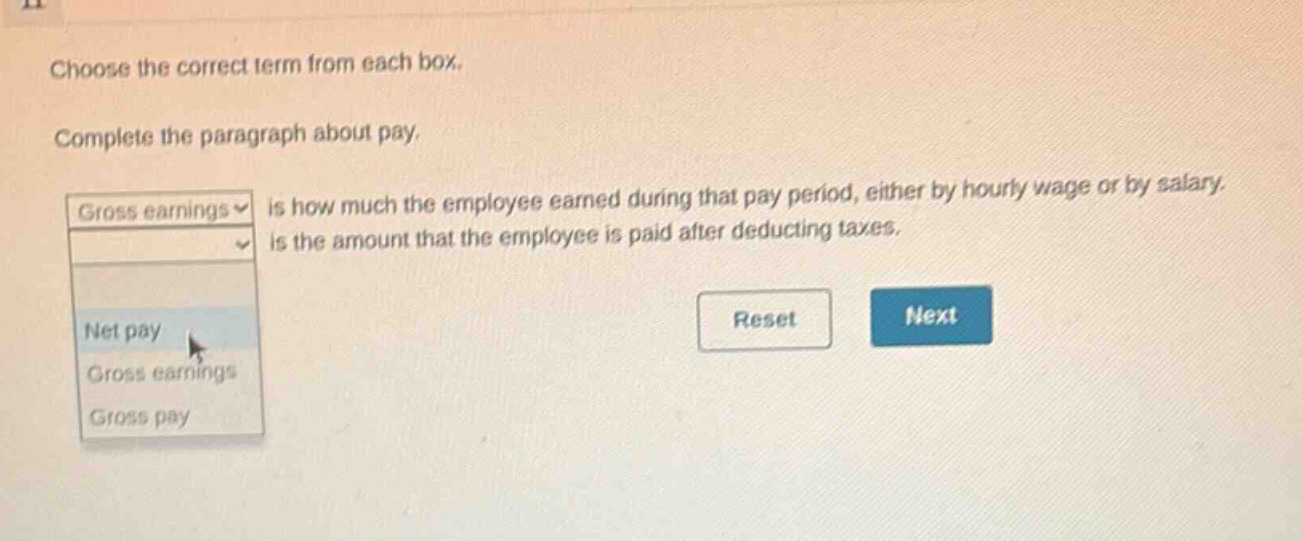 choose the correct term from each box. complete the paragraph about pay. gross earnings is how much the employee earned during that pay period, either by hourly wage or by salary. is the amount that the employee is paid after deducting taxes. net pay gross earnings gross pay reset next