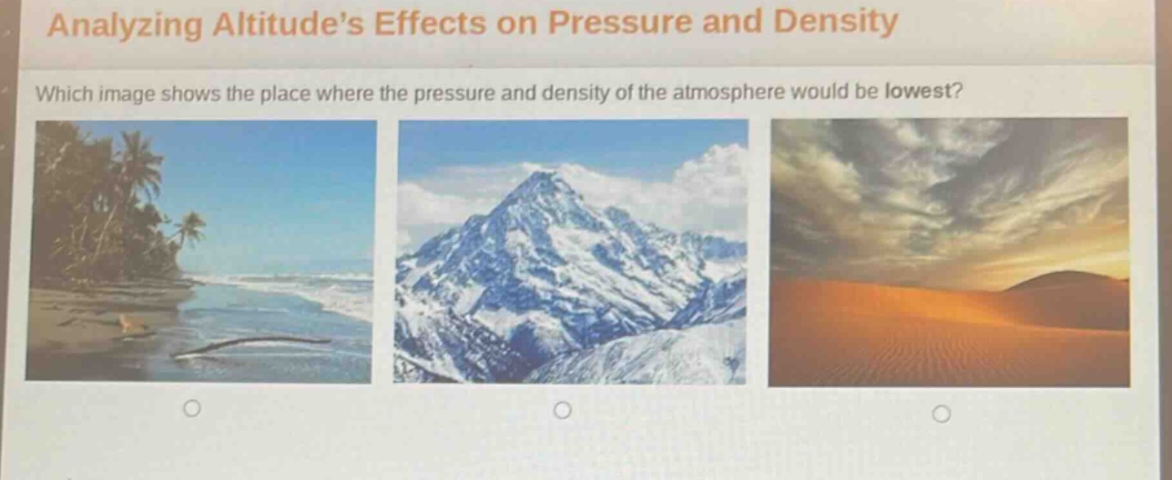 analyzing altitude’s effects on pressure and density\nwhich image shows the place where the pressure and density of the atmosphere would be lowest?