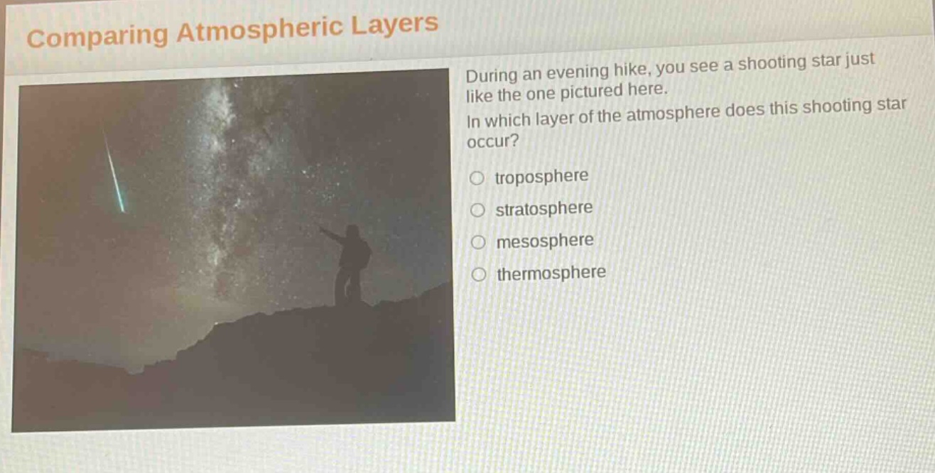 comparing atmospheric layers\nduring an evening hike, you see a shooting star just like the one pictured here.\nin which layer of the atmosphere does this shooting star occur?\n○ troposphere\n○ stratosphere\n○ mesosphere\n○ thermosphere