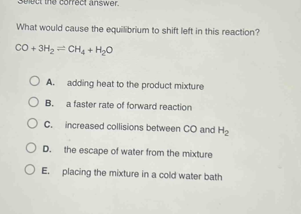 select the correct answer.\nwhat would cause the equilibrium to shift left in this reaction?\nco + 3h₂ ⇌ ch₄ + h₂o\n\na. adding heat to the product mixture\nb. a faster rate of forward reaction\nc. increased collisions between co and h₂\nd. the escape of water from the mixture\ne. placing the mixture in a cold water bath