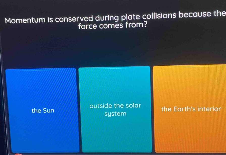 momentum is conserved during plate collisions because the force comes from? the sun outside the solar system the earth’s interior
