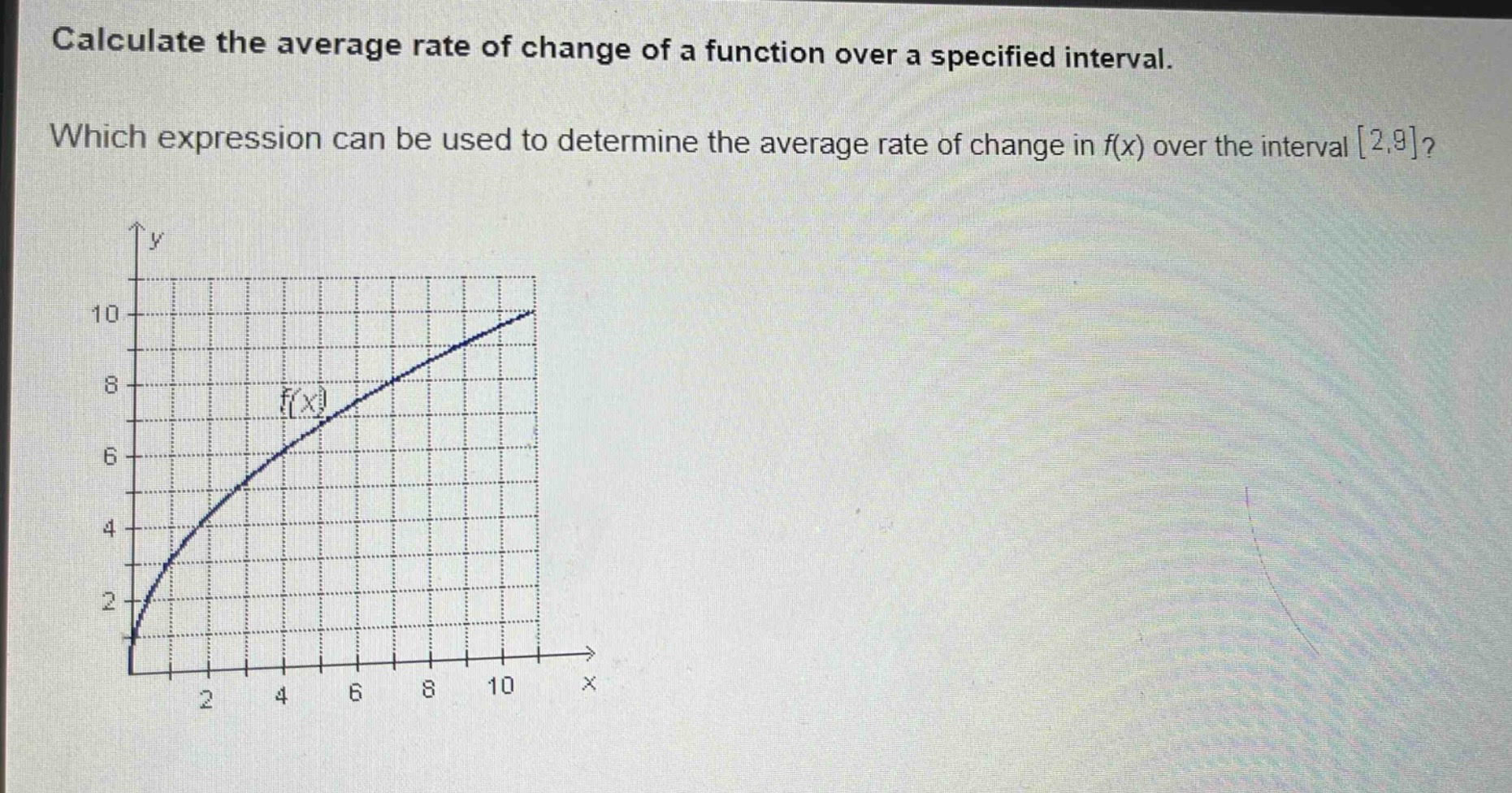 calculate the average rate of change of a function over a specified interval. which expression can be used to determine the average rate of change in f(x) over the interval 2,9?