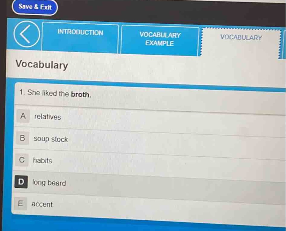 vocabulary\n1. she liked the broth.\na relatives\nb soup stock\nc habits\nd long beard\ne accent
