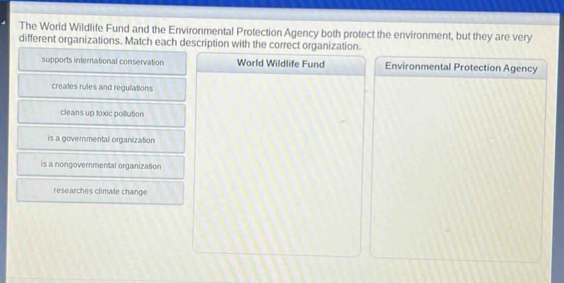 the world wildlife fund and the environmental protection agency both protect the environment, but they are very different organizations. match each description with the correct organization. supports international conservation creates rules and regulations cleans up toxic pollution is a governmental organization is a nongovernmental organization researches climate change