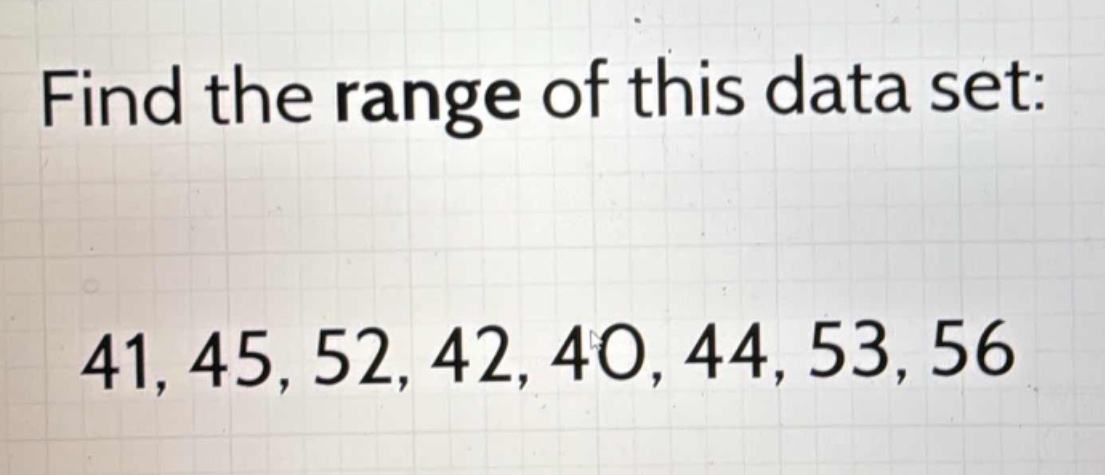 find the range of this data set: 41, 45, 52, 42, 40, 44, 53, 56