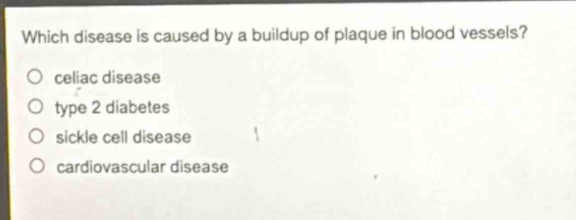 which disease is caused by a buildup of plaque in blood vessels?\no celiac disease\no type 2 diabetes\no sickle cell disease\no cardiovascular disease