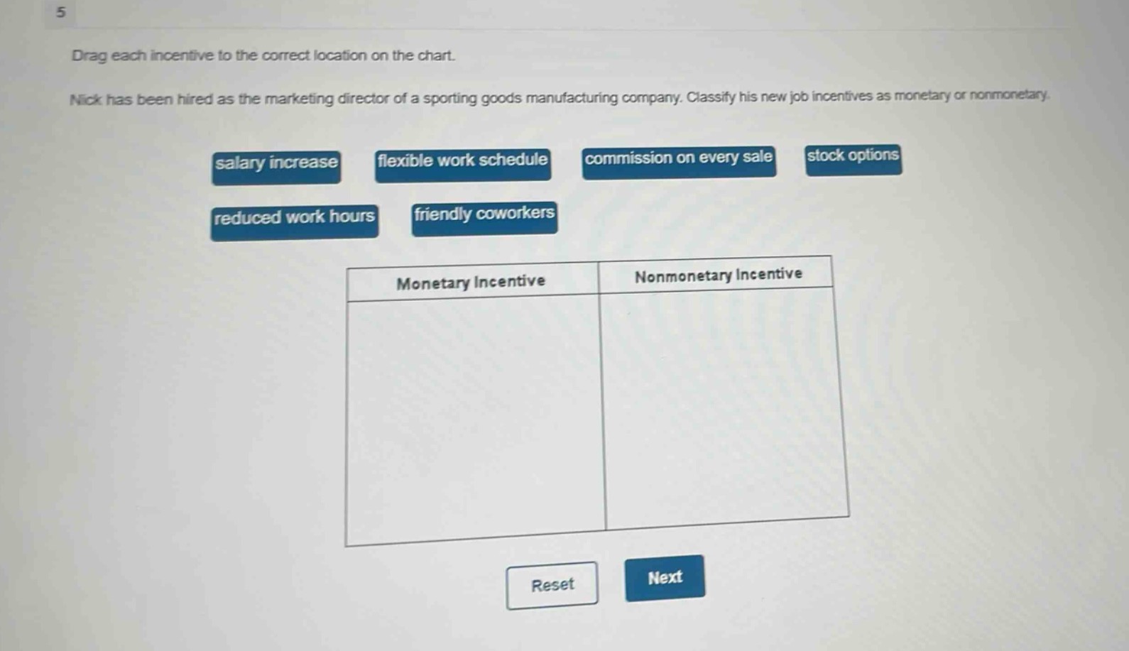 5\ndrag each incentive to the correct location on the chart.\nnick has been hired as the marketing director of a sporting goods manufacturing company. classify his new job incentives as monetary or nonmonetary.\nsalary increase flexible work schedule commission on every sale stock options\nreduced work hours friendly coworkers\nmonetary incentive nonmonetary incentive\nreset next