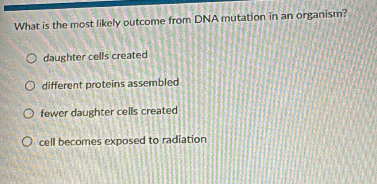 what is the most likely outcome from dna mutation in an organism?\n○ daughter cells created\n○ different proteins assembled\n○ fewer daughter cells created\n○ cell becomes exposed to radiation