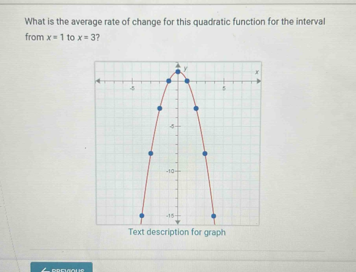 what is the average rate of change for this quadratic function for the interval from x = 1 to x = 3?