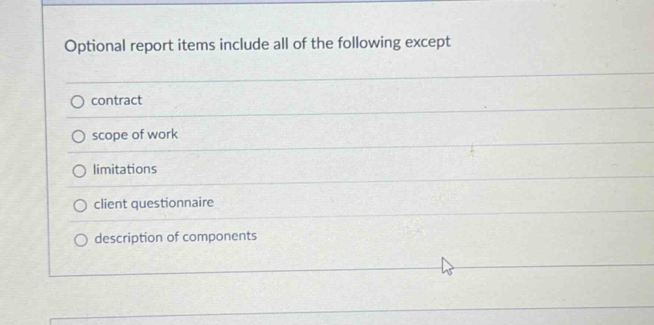 optional report items include all of the following except\ncontract\nscope of work\nlimitations\nclient questionnaire\ndescription of components